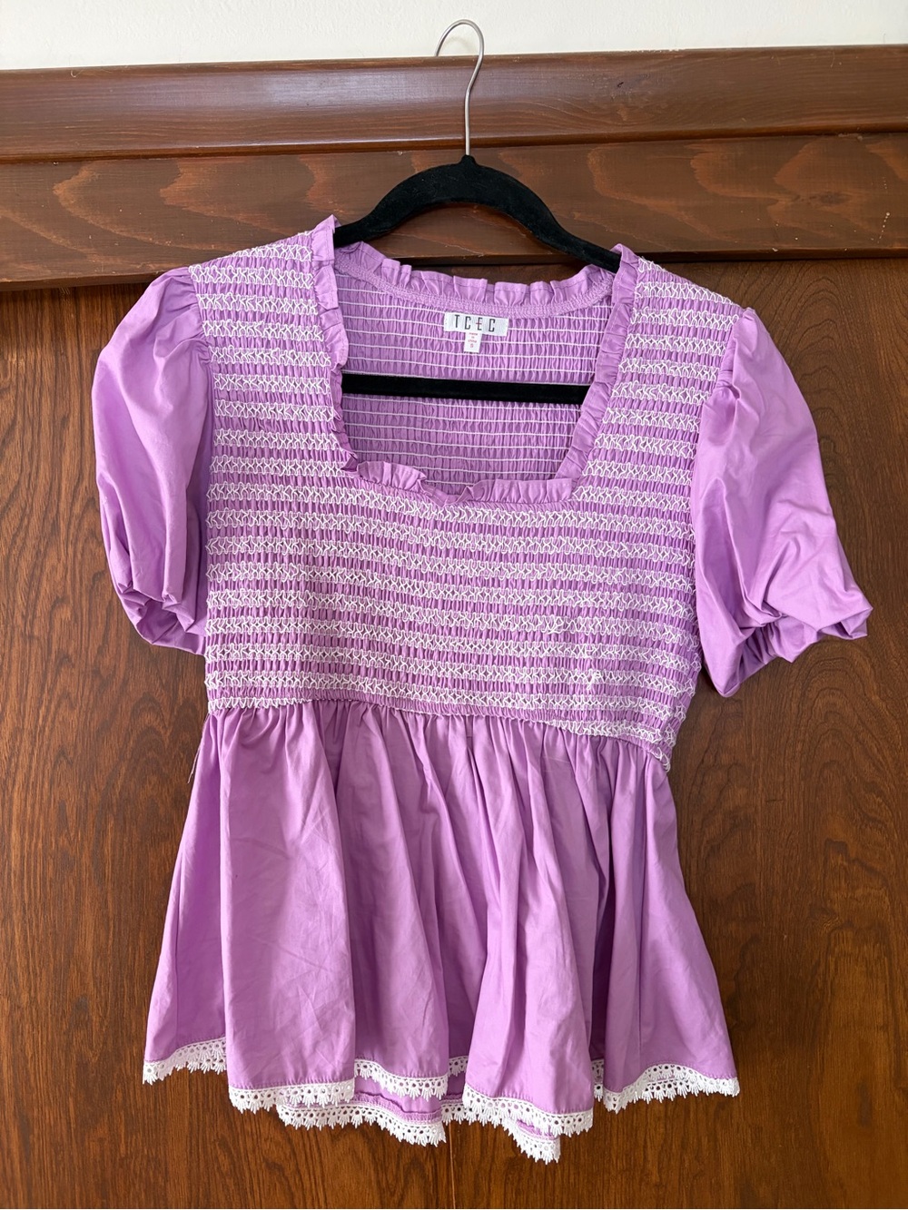 TCEC Lavender Smocked Puff Sleeve Peplum Blouse